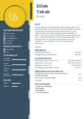 Eczacı CV Örnekleri cv indir